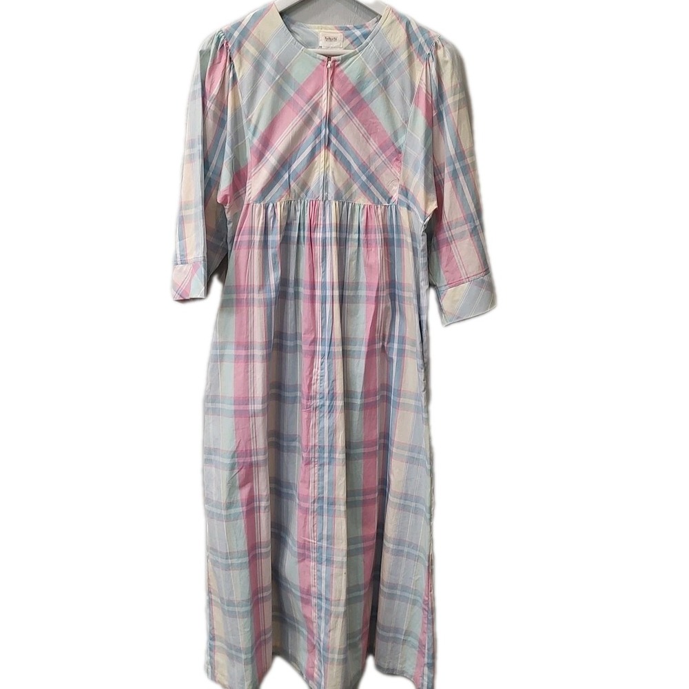Vtg Talbots‎ Intimates Pastel Plaid Cotton House Dress Women Small 1980s Pockets